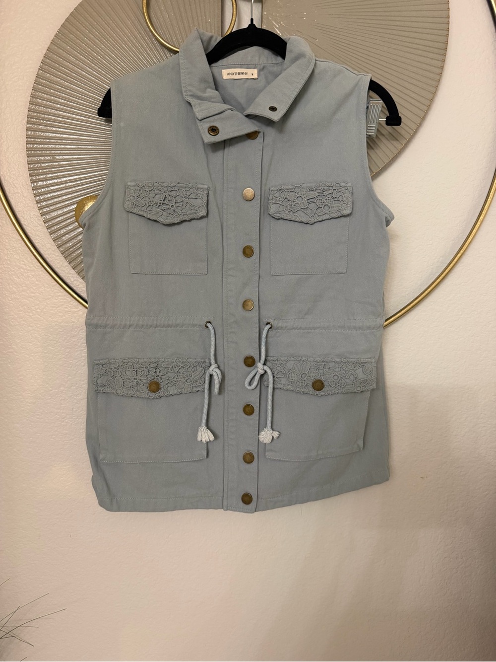Sleeveless Utility Vest in Gray Blue with Lace Pocket Detail